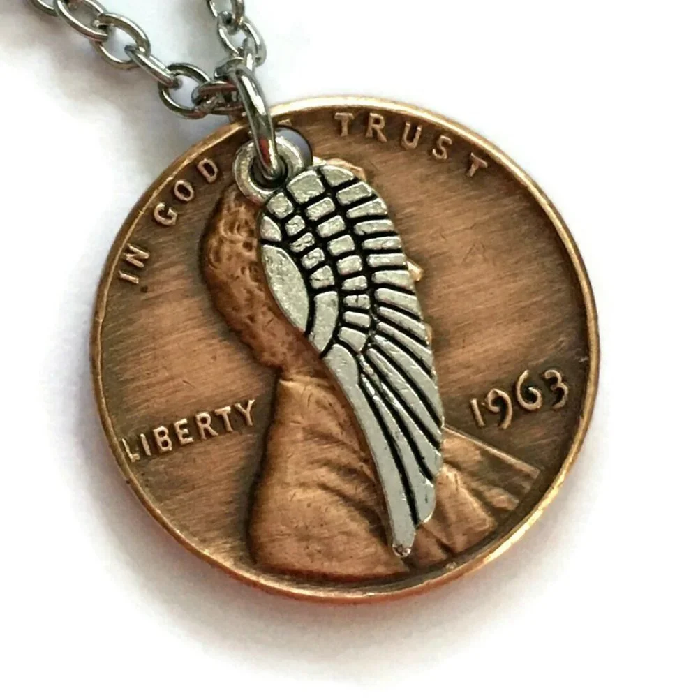1959-1969 Lucky Penny Necklace Angel Wing Memorial Stainless Steel Coin Money - Picture 1 of 11